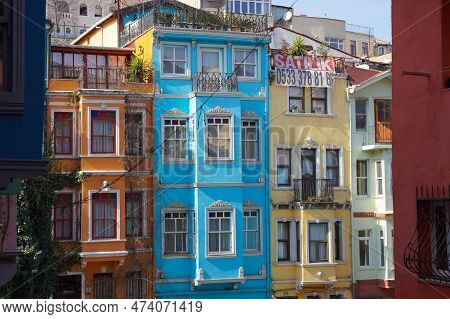 Istanbul, Turkiye - February 25, 2023: Old Houses In Fener District, Istanbul City, Turkey
