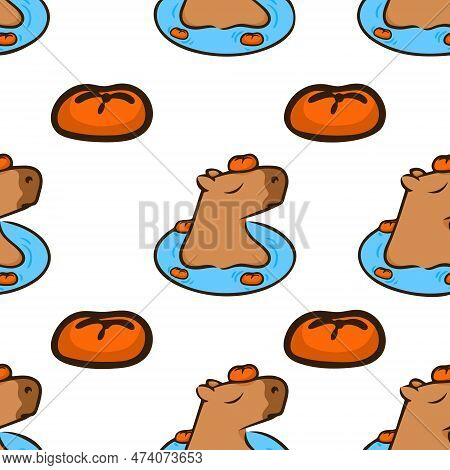 Funny Pattern With Capybaras. Repetitive Design Element. Relaxing Capybara In Water With Tangerines.