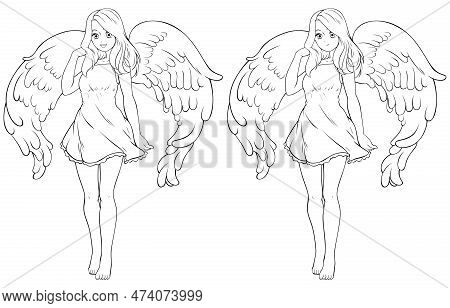 Beautiful Angel Girl In Anime Style And On White Background.