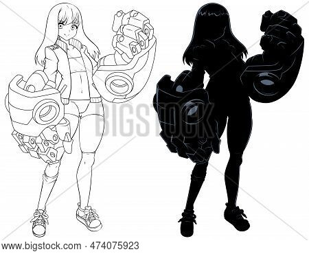 Anime Style Illustration Of Teenage Girl With Robotic Arms.