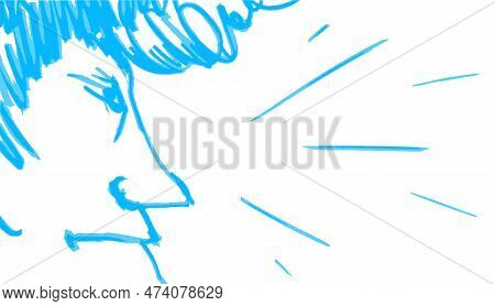 Sketch Focused Guy In Profile On A White Background. Close-up Cartoon Portrait With Space For Text. 