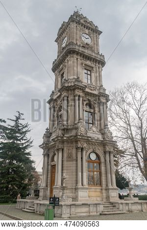 Istanbul, Turkey - December 11, 2022: Famous Dolmabahce Clock Tower (dolmabahce Saat Kulesi) At The 