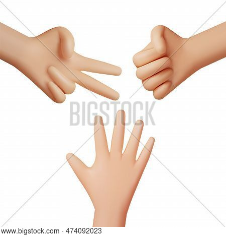 3d Rock Paper Scissors Game Isolated. Render Hand Gestures Set. Cartoon Fingers Play Rock Paper Scis
