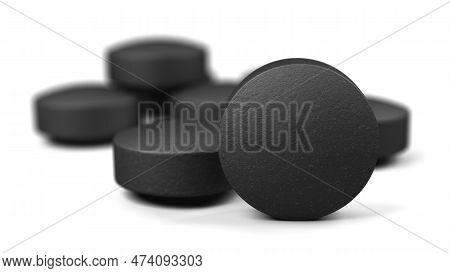 Activated Carbon Isolated On White Background. Activated Charcoal. Pills. Tablets. Close-up. 3d Illu