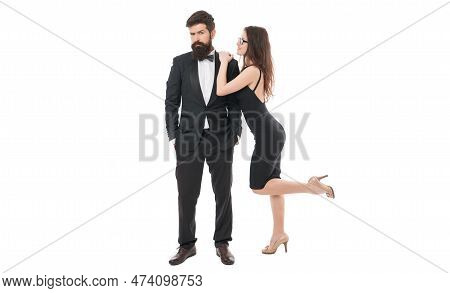 Flirting Lady. Woman Attractive Sexy Female Attract Attention Of Bearded Gentleman. Art Of Flirt. Pi