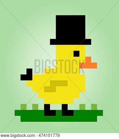 8-bit Duck Wearing Hat Pixels. Animal Game Assets In Vector Illustrations.