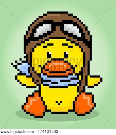 8 Bit Pixel Duck Wearing A Pilot Uniform. Animal Game Assets In Vector Illustrations.