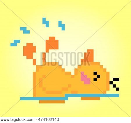 8 Bit Duck Pixels Are Swimming. Animal Game Assets In Vector Illustrations.
