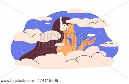 Happy Woman Listening To Relaxing Music. Girl Enjoying Calm Songs Records In Headphones. Person Amon