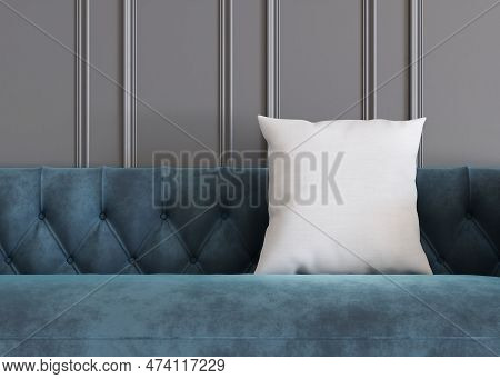 White Square Pillow In Modern Room. Blank Cushion Case Template For Your Graphic Design Presentation