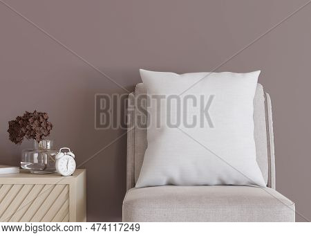 White Square Pillow In Modern Room. Blank Cushion Case Template For Your Graphic Design Presentation