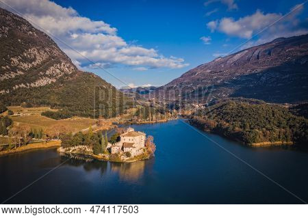 Romantic Toblino Castle On The Shore Of The Beautiful Lake Toblino. Panoramic Aerial View With Lake 
