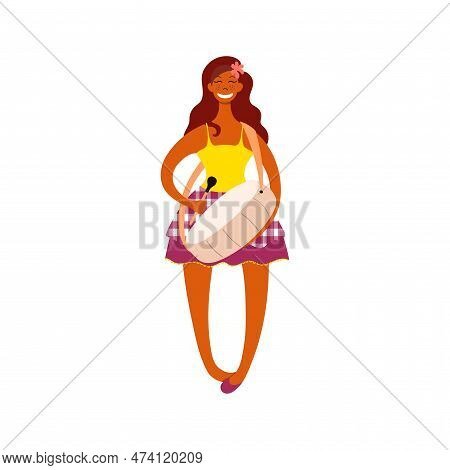 Festa Junina Traditional Forro Musician, Woman Playing Drum Character Illustration. Hand Drawn Carto
