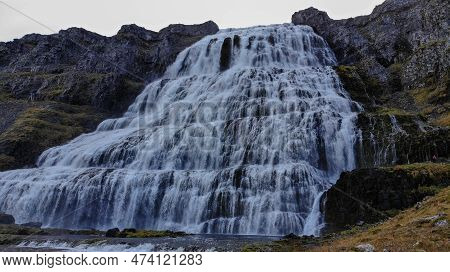 Aerial View Of Dynjandi, Also Called Fjallfoss, A Huge Waterfall In Vestfirdir.