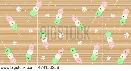 Kawaii Hanami Dango In The Form Of Cute Animals On A Bamboo Mat Background With White Sakura Flowers