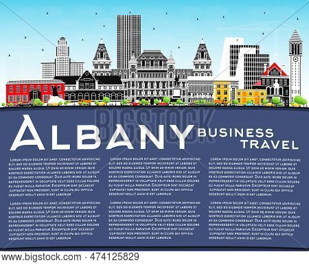 Albany New York City Skyline With Color Buildings, Blue Sky And Copy Space. Vector Illustration. Alb