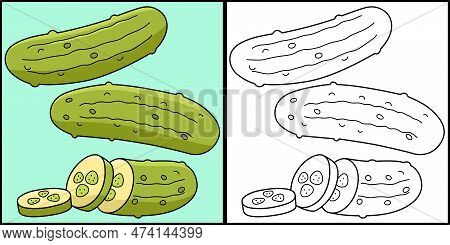 This Coloring Page Shows A Pickle Vegetable. One Side Of This Illustration Is Colored And Serves As 