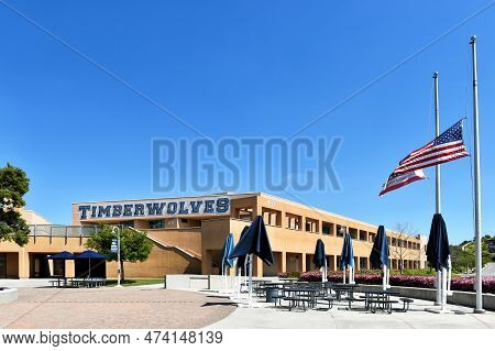 Irvine, California - 2 Apr 2023: Timberwolves Sign Overlooking The Quad On The Campus Of Northwood H