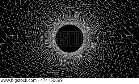Black And White Wireframe Geometric Shapes Tunnel Grid On A Black Background. Geometric Shapes From 