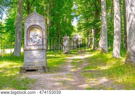 Way Of The Cross With Brick Chapels Leading Through An Avenue Of Deciduous Trees To The Top Of Calva