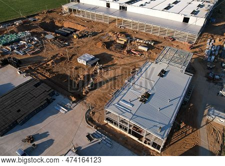 Warehouse Construction From Metal Structure. Industrial Building On Light Gauge Steel Framing. Frame