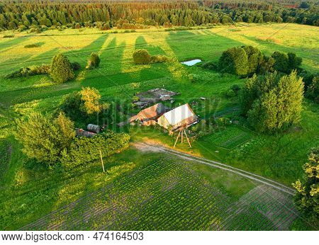 Village Wooden House. Country Houses In Countryside, Aerial View. Rural Building And Farmhouse In Co