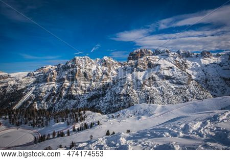 Famous Italian Alps Brenta Dolomites, Snow On The Slopes Of The Alps Madonna Di Campiglio, Pinzolo, 