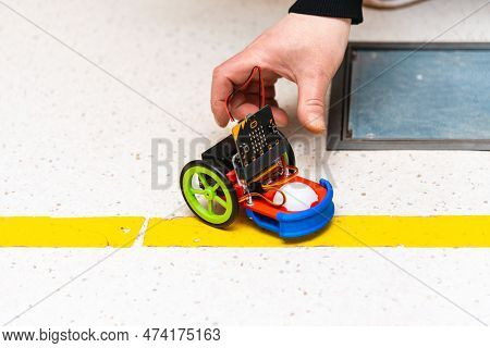 Stem Electronic Kit ,made With A 3D Laser Printer. Line Tracking Robot Competition Ideas. Closeup.
