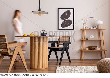 Interior Design Of Aesthetic And Elegant Room With Woman In Dress, Mock Up Poster Frame, Round Table