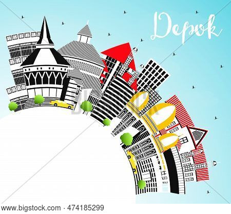 Depok Indonesia City Skyline With Color Buildings, Blue Sky And Copy Space. Vector Illustration. Bus