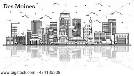 Outline Des Moines Iowa City Skyline With Modern Buildings And Reflections Isolated On White. Vector