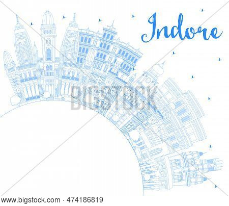 Outline Indore India City Skyline With Blue Buildings And Copy Space. Vector Illustration. Business 