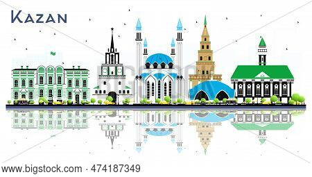 Kazan Russia City Skyline With Color Buildings And Reflections Isolated On White. Vector Illustratio