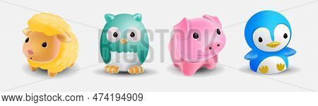 Set Of Several Cute Bath Animal Toys . Toy For The Bathroom. A Collection Of A Cute Lamb, Minipig, O