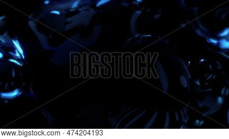 Electrical Blue Shining Translucent Liquid Metaspheres On Black - Abstract 3d Rendering