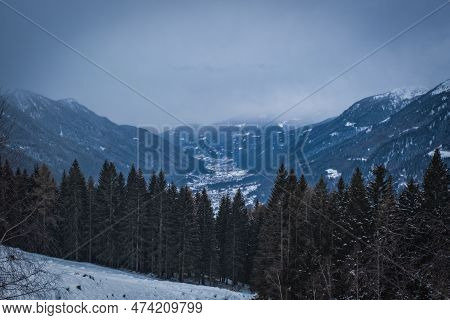 Cloudy Day On Famous Italian Alps Brenta Dolomites, Snow On The Slopes Of The Alps Madonna Di Campig