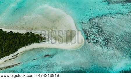 Aerial View Of Tropical Island Mataking With Coral Reef And Atoll View From Above. Tun Sakaran Marin