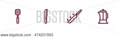 Set Line Spatula, Frying Pan, Bread Knife And French Press Icon. Vector