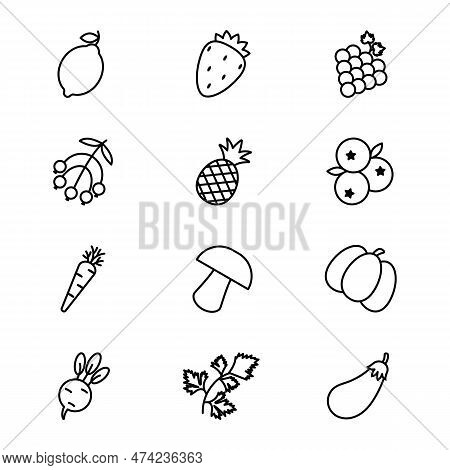 Icons Of Fruits And Vegetables In Outline Or Line Style. Icons Set.