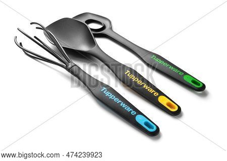 Tupperware Tool. Kitchen Tool Of The Global Tupperware Brand. Set Of Kitchen Plastic Tool Isolated O