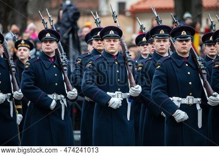 Vilnius, Lithuania - February 16, 2023: Ceremony Of Hoisting The Flags Of The Three Baltic States Du
