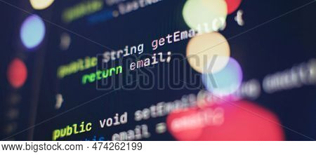 Computer Script. Programming Code Abstract Screen Of Software Developer.