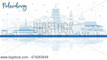 Outline Palembang Indonesia City Skyline With Blue Buildings And Reflections. Vector Illustration. B