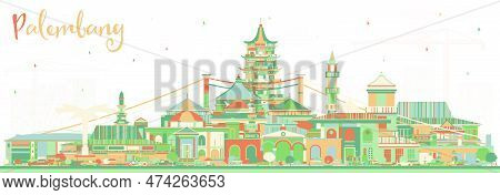 Palembang Indonesia City Skyline With Color Buildings. Vector Illustration. Business Travel And Tour