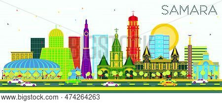 Samara Russia City Skyline With Color Buildings And Blue Sky. Vector Illustration. Business Travel A