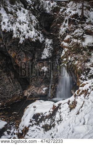 Winter View On Pison Waterfall In Dimaro, Autonomous Province Of Trento, In The Northern Italy. Janu