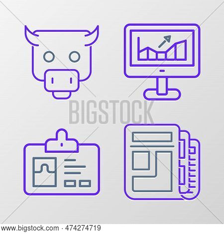 Set Line Stock Market News, Identification Badge, Computer With Growth Graph And Bull Icon. Vector