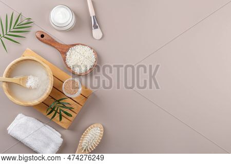 Homemade Cosmetic Rice Water With Ingredients On Beige Background, Healthy Beauty Treatment Ingredie