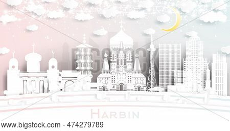 Harbin China City Skyline In Paper Cut Style With White Buildings, Moon And Neon Garland. Vector Ill