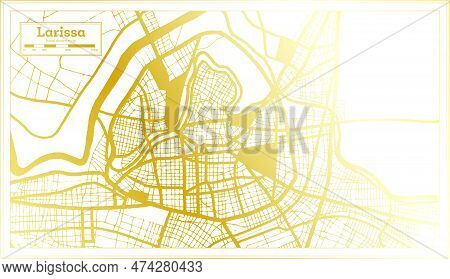 Larissa Greece City Map In Retro Style In Golden Color. Outline Map. Vector Illustration.